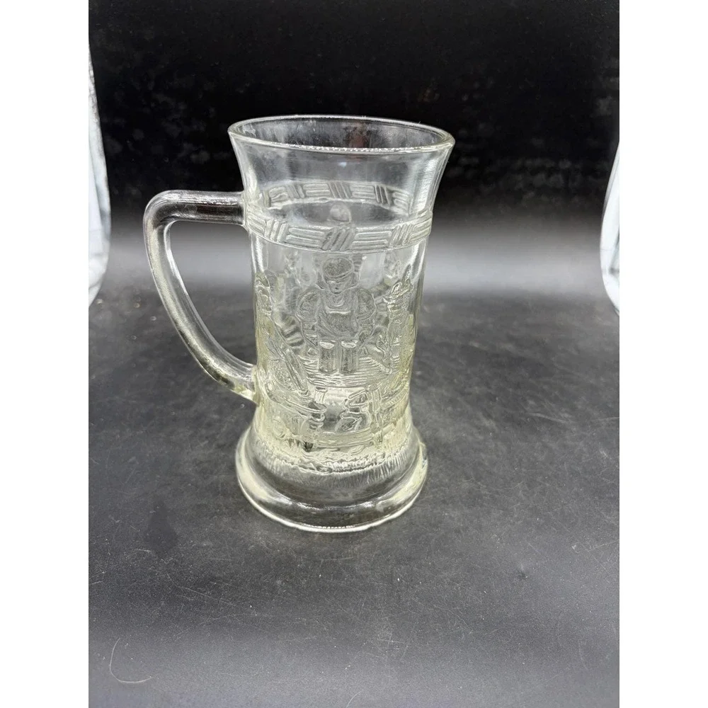 Vntg‎ Pressed Glass Beer Stein Tavern Scene Embossed Clear Glass Mug Collectible